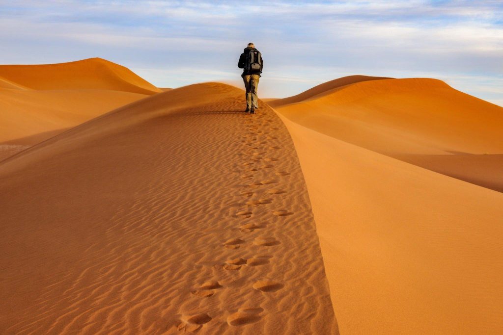 Walking on the dunes of Sahara desert 